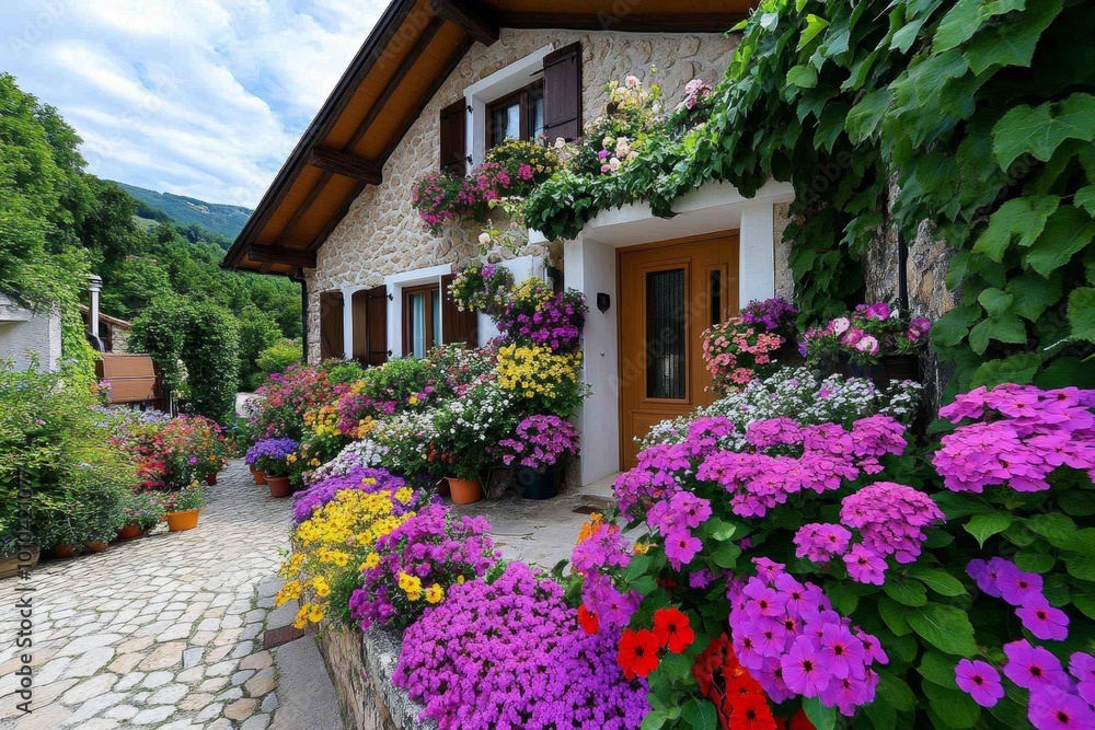 Fototapeta premium A rural cottage surrounded by vibrant flower gardens, with ivy creeping up the stone walls, showcasing the picturesque appeal of rural housing