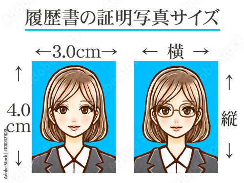大人女性と履歴書用証明写真のサイズの説明イラスト素材