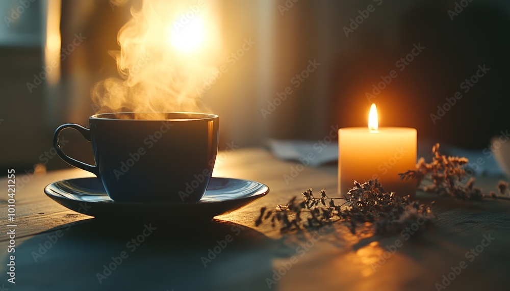 Steaming Cup of Tea in Cozy Cafe with Warm Lighting Steaming Cup of Tea in Cozy Cafe with Warm Lighting