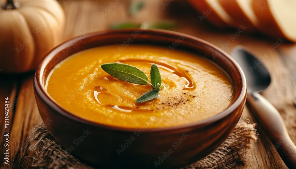 Creamy Pumpkin Soup with Fresh Herbs on Wooden Table Creamy Pumpkin Soup with Fresh Herbs on Wooden Table