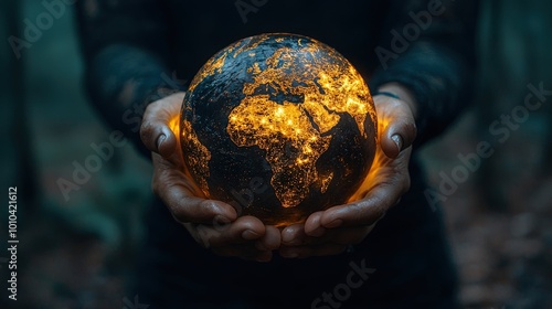 A luminous globe cradled in hands, symbolizing hope and unity amidst nature's embrace