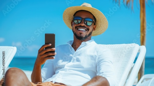 Smiling man in a straw hat and sunglasses using his smartphone at the beach, enjoying a sunny day and relaxing by the ocean photo