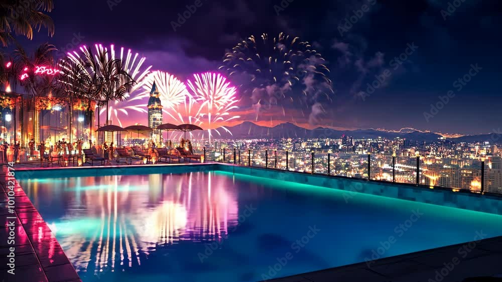 A rooftop pool overlooks a cityscape at night with fireworks exploding overhead A rooftop pool overlooks a cityscape at night with fireworks exploding overhead