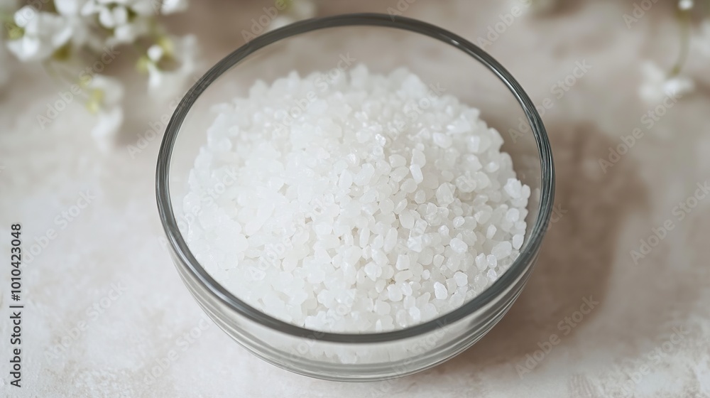 Close-up of White Salt Crystals in a Glass Bowl Close-up of White Salt Crystals in a Glass Bowl