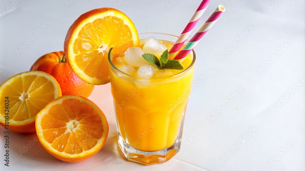A glass of orange juice with ice cubes, mint leaves, and two striped straws, surrounded by orange slices on a white background. A glass of orange juice with ice cubes, mint leaves, and two striped straws, surrounded by orange slices on a white background.