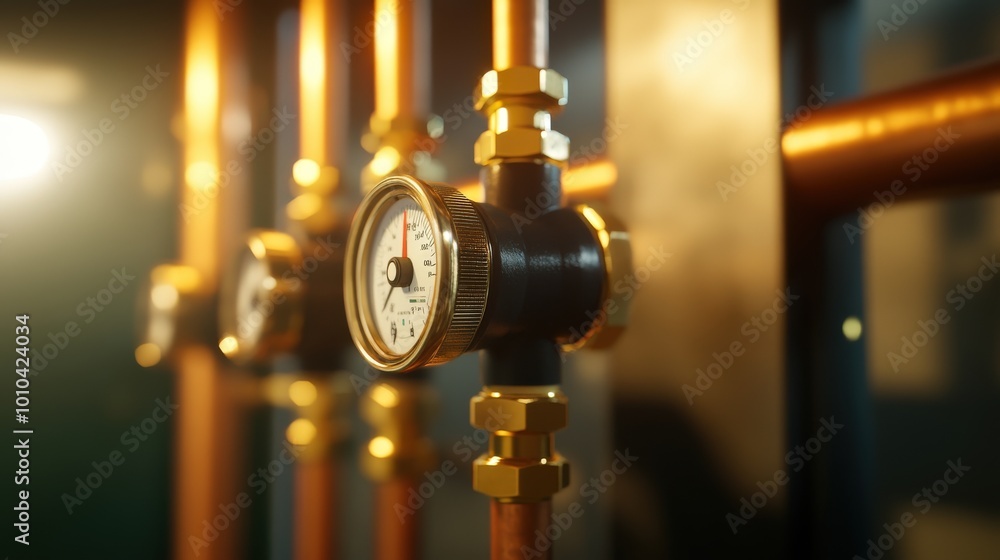 Modern plumbing service with copper pipeline for boiler room heating system. Concept Plumbing Service, Copper Pipeline, Boiler Room Modern plumbing service with copper pipeline for boiler room heating system. Concept Plumbing Service, Copper Pipeline, Boiler Room