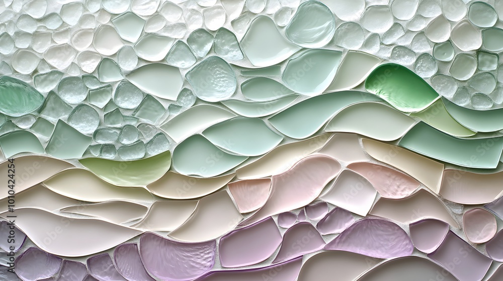 A mosaic wall featuring smooth sea glass tiles in pale green and lavender, arranged in undulating, wave-like forms, capturing the essence of the sea A mosaic wall featuring smooth sea glass tiles in pale green and lavender, arranged in undulating, wave-like forms, capturing the essence of the sea