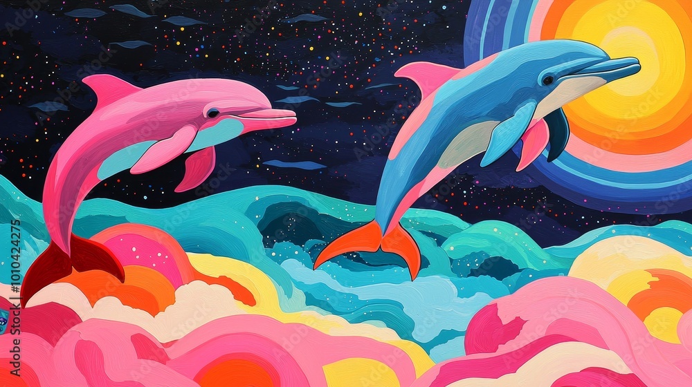 Obraz premium Colorful dolphins swimming in a vibrant ocean with a surreal sunset backdrop.