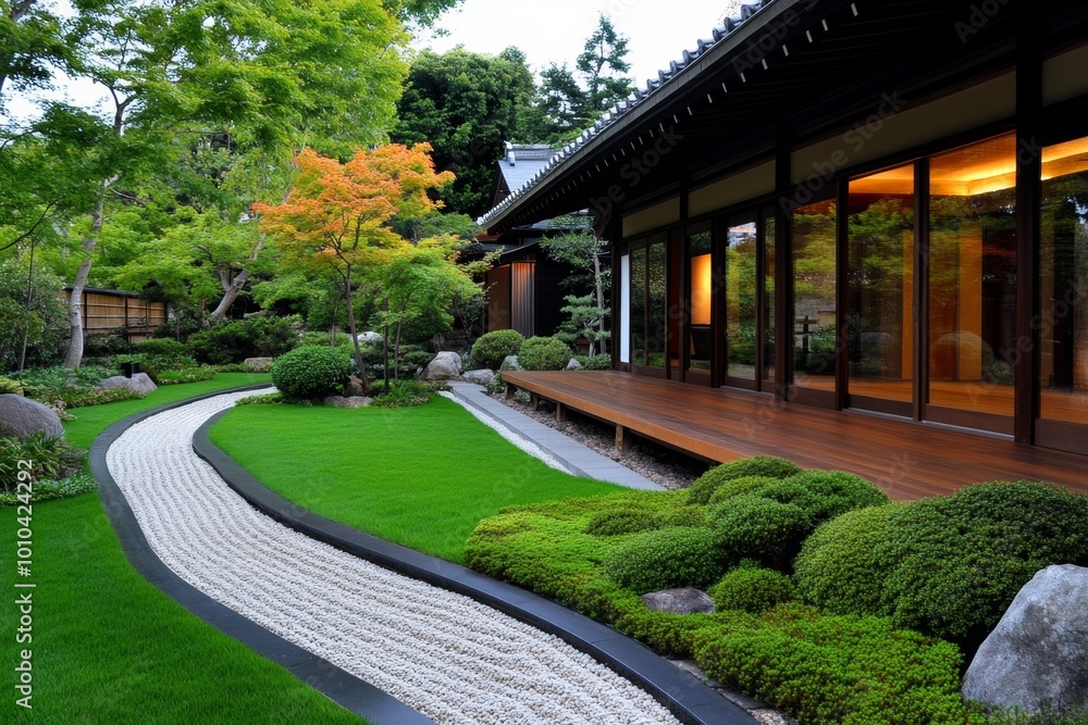 A traditional Japanese rural home with sliding doors and a Zen garden, symbolizing cultural diversity in rural housing designs A traditional Japanese rural home with sliding doors and a Zen garden, symbolizing cultural diversity in rural housing designs