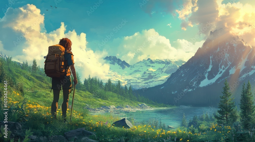 Obraz premium A lone hiker gazes at a serene mountain lake under a vibrant sky.