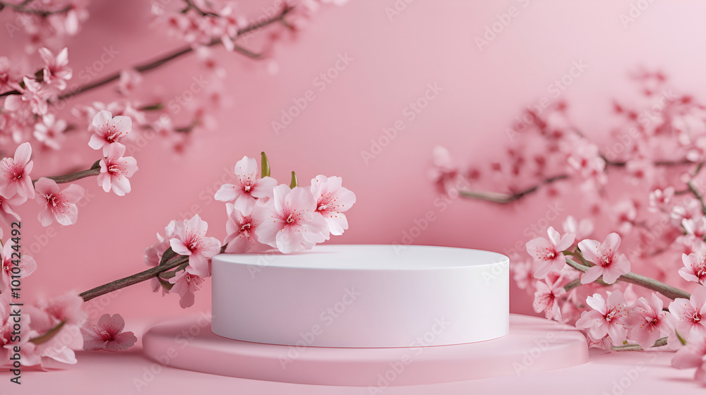 e beautiful cherry blossoms, sakura on white platter,with podium,Abstract background in a minimalistic style with a podium in pink colors. Empty pedestal for product display with cherry blossoms e beautiful cherry blossoms, sakura on white platter,with podium,Abstract background in a minimalistic style with a podium in pink colors. Empty pedestal for product display with cherry blossoms