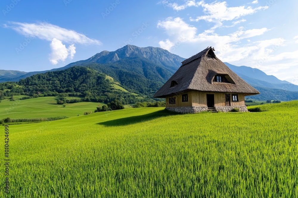 A traditional rural farmhouse with a thatched roof, nestled between rolling hills and surrounded by fields, representing the charm of rural housing A traditional rural farmhouse with a thatched roof, nestled between rolling hills and surrounded by fields, representing the charm of rural housing