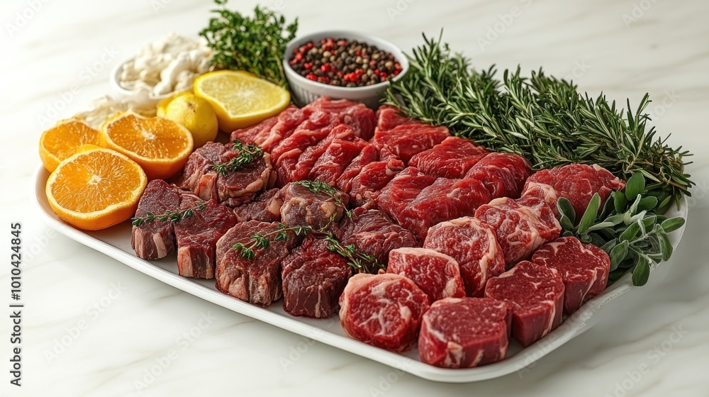 A platter of assorted meats with herbs and citrus for cooking. A platter of assorted meats with herbs and citrus for cooking.