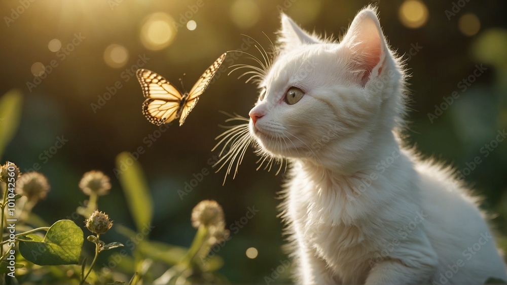 a fluffy white kitten surrounded by lush greenery, fixated on a delicate orange and black butterfly hovering nearby. Bathed in warm, golden sunlight, the scene exudes tranquility and curiosity