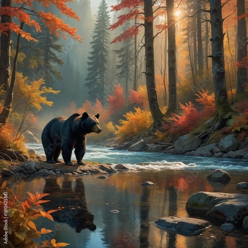 A black bear in a autumn forest near a river photo