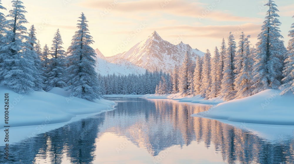 Snowy mountain summits reflecting in crystal clear mountain lake on a cold sunny day with blue sky and clouds Snowy mountain summits reflecting in crystal clear mountain lake on a cold sunny day with blue sky and clouds