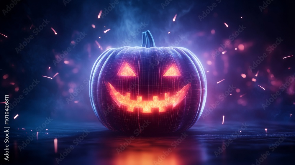 Stylized Jack-o-lantern with futuristic holographic lighting, sparks flying in neon hues, digital vaporwave aesthetic, glowing edges, dramatic contrasts, dark purple and blue background Stylized Jack-o-lantern with futuristic holographic lighting, sparks flying in neon hues, digital vaporwave aesthetic, glowing edges, dramatic contrasts, dark purple and blue background