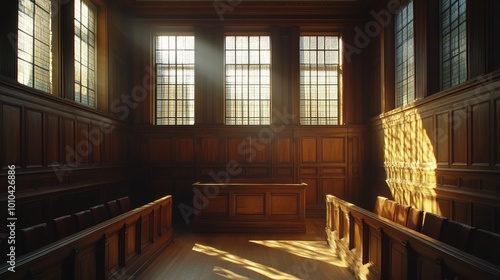 The jury box  vacant and orderly  in a courtroom bathed in evening light  shadows casting the absence of judgment yet to be delivered