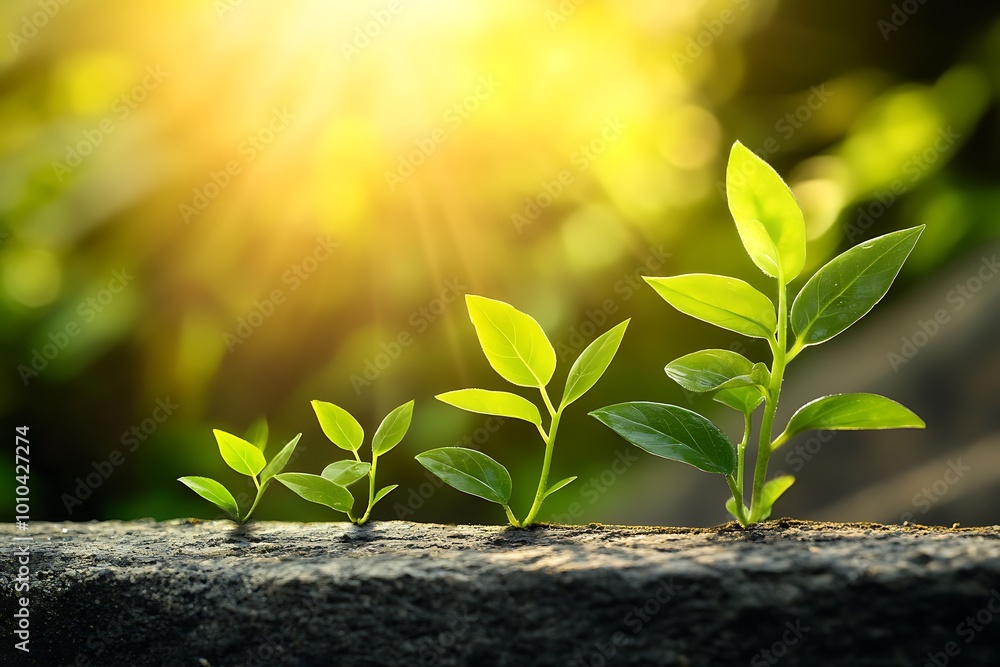 Three green sprouts growing in a row, bathed in sunlight, symbolizing the stages of growth, hope, and the flourishing beauty of nature’s renewal. Three green sprouts growing in a row, bathed in sunlight, symbolizing the stages of growth, hope, and the flourishing beauty of nature’s renewal.