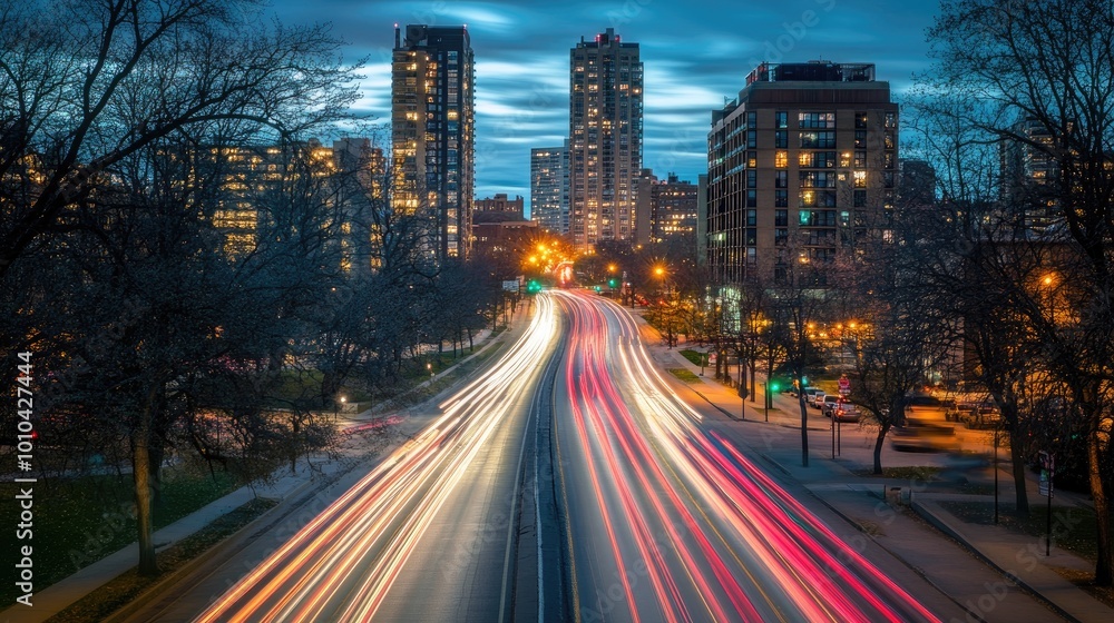 A city road captured with long exposure, featuring light trails of passing cars illuminating the night, A city road captured with long exposure, featuring light trails of passing cars illuminating the night,