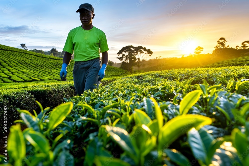 Fototapeta premium A worker walking through a tea plantation at dusk, their silhouette framed by the setting sun and the endless rows of tea bushes