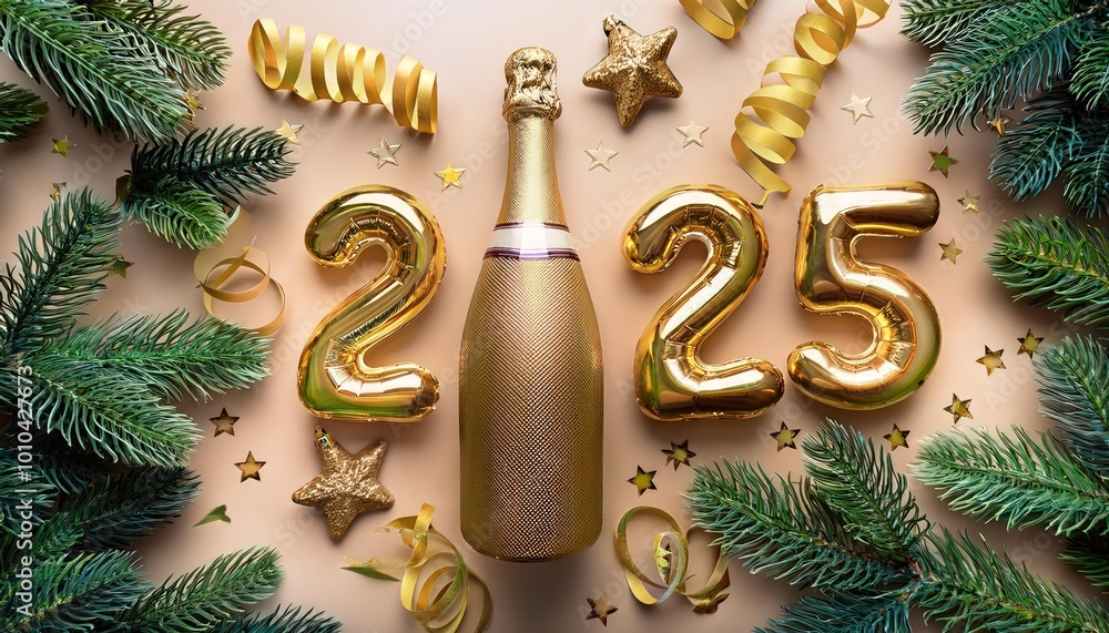 A festive New Year 2025 celebration scene with a golden champagne bottle, fir branches, and ornaments. A festive New Year 2025 celebration scene with a golden champagne bottle, fir branches, and ornaments.