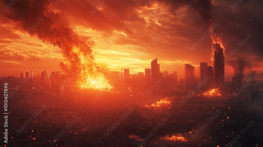 Apocalyptic city burning, burning buildings, smoke, destruction, dystopia, disaster Apocalyptic city burning, burning buildings, smoke, destruction, dystopia, disaster