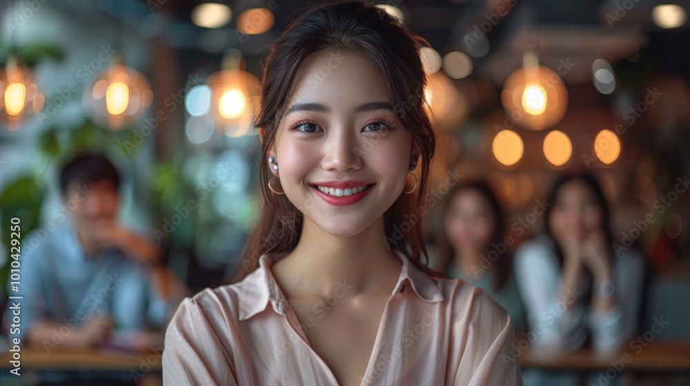 A woman with a big smile is standing in front of a group of people A woman with a big smile is standing in front of a group of people