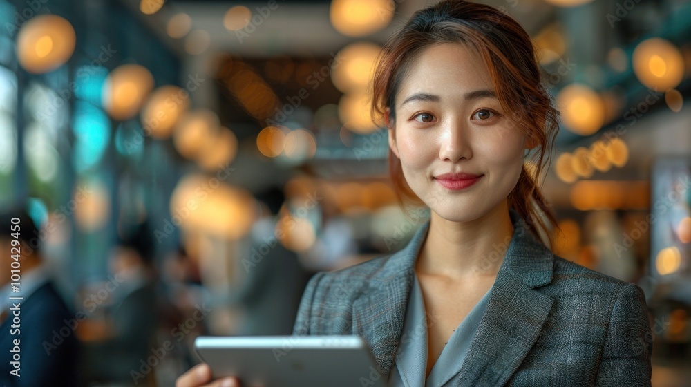 Fototapeta premium A woman wearing a gray jacket and holding a tablet