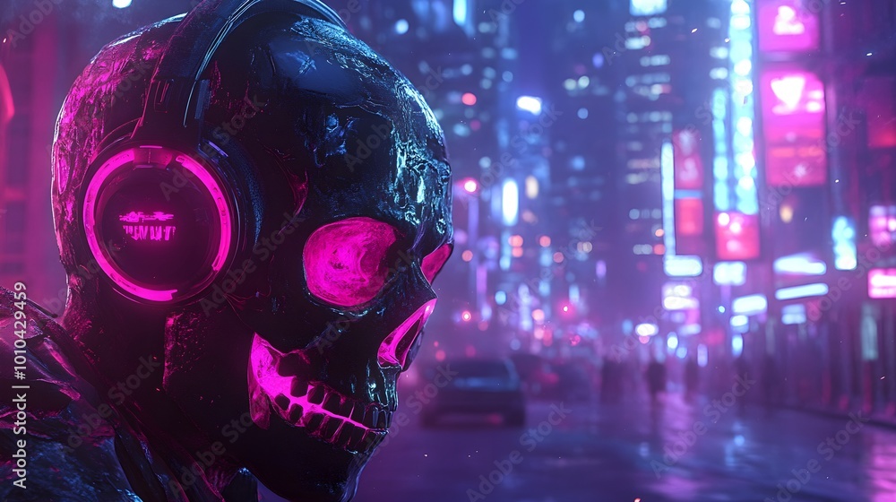 Skull with glowing neon headphones in a cyberpunk city, emitting luminous sound waves into the night, the city's skyline bathed in futuristic neon lights Skull with glowing neon headphones in a cyberpunk city, emitting luminous sound waves into the night, the city's skyline bathed in futuristic neon lights