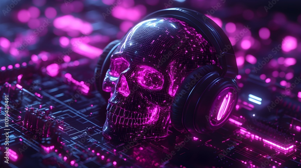 Fototapeta premium Digital skull with cybernetic implants and holographic headphones, neon sound waves ripple in a futuristic dystopian cityscape, Cyberpunk, Neon, 3D rendering, high detail