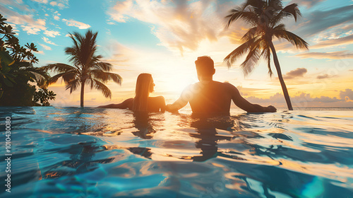 Young Couple Travelers Relaxing and Enjoying the Sunset on a Scenic Beach, Vacation Adventure, Romantic Getaway, Travel Lifestyle, Beach Holiday, Generative AI