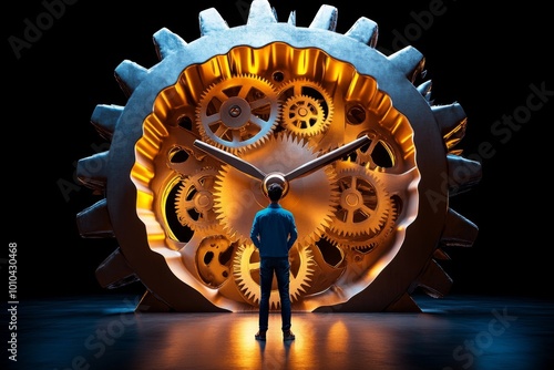 Hyper-realistic image of a person standing in front of a massive clock, with every gear and tick of the hands captured in lifelike detail, representing the control of time and fate in determinism photo