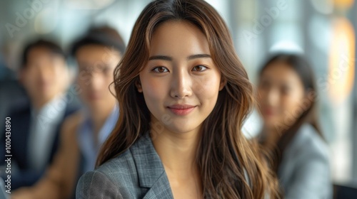 A woman with long brown hair is smiling at the camera