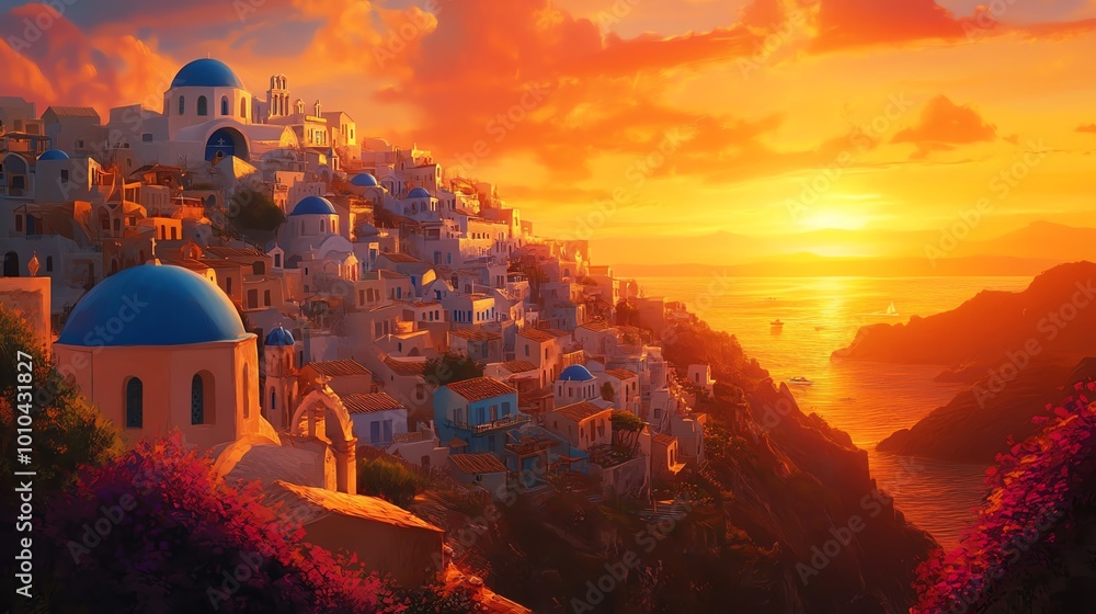 Obraz premium Santorini sunset over picturesque village