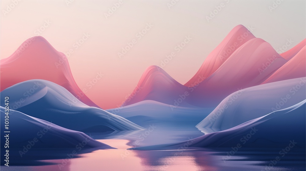 Misty mountain landscape with pink lotus flowers blooming in the water at sunrise Misty mountain landscape with pink lotus flowers blooming in the water at sunrise