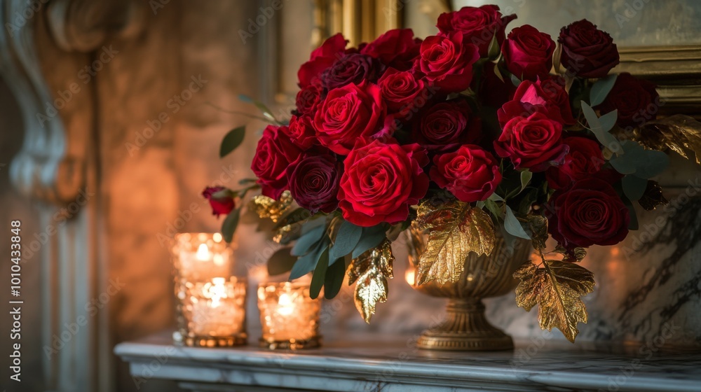 Red Roses in a Gold Vase with Candles on a Marble Mantelpiece Red Roses in a Gold Vase with Candles on a Marble Mantelpiece