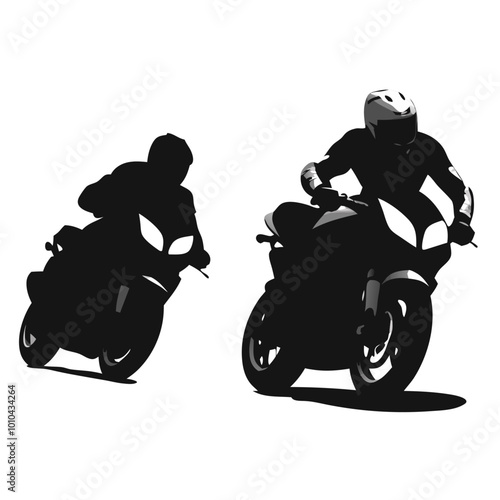 Motorcycle Rider Silhouette: Two silhouettes of a motorcycle rider, one in full detail and one as a shadow, emphasize the thrill of the ride.