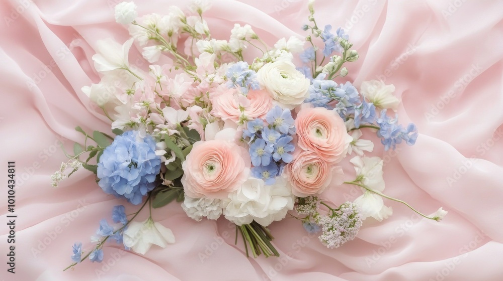 Delicate Pastel Flower Bouquet on Pink Fabric Delicate Pastel Flower Bouquet on Pink Fabric
