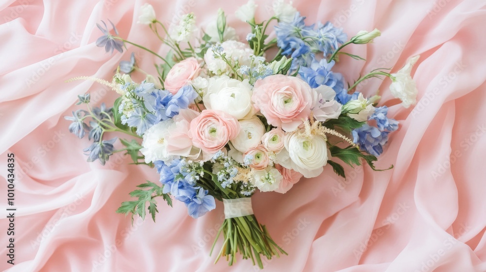 Delicate Bouquet of Pink, White, and Blue Flowers on a Pink Fabric Background Delicate Bouquet of Pink, White, and Blue Flowers on a Pink Fabric Background