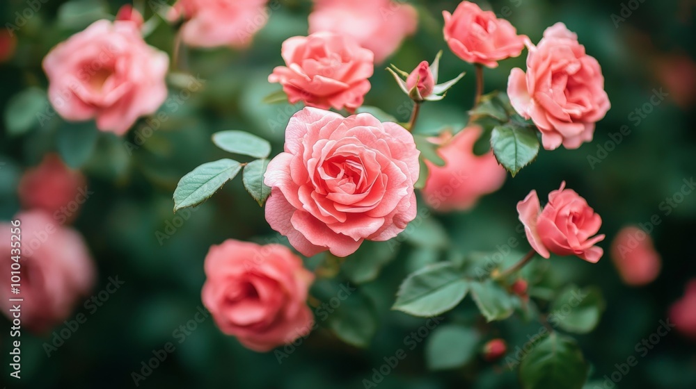 Delicate Pink Roses Blooming in Lush Garden Delicate Pink Roses Blooming in Lush Garden