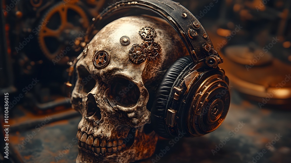 Fototapeta premium A vintage skull adorned with old-fashioned leather headphones, steampunk style, sepia tones, intricate mechanical gears, detailed illustration