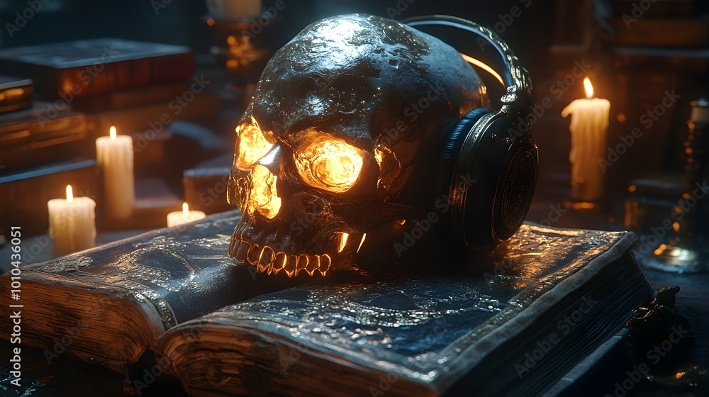 A skull adorned with neon-glowing headphones, dark futuristic city backdrop, emitting vibrant sound waves, Cyberpunk, Neon, 3D render, Hyper-detailed, Night scene A skull adorned with neon-glowing headphones, dark futuristic city backdrop, emitting vibrant sound waves, Cyberpunk, Neon, 3D render, Hyper-detailed, Night scene
