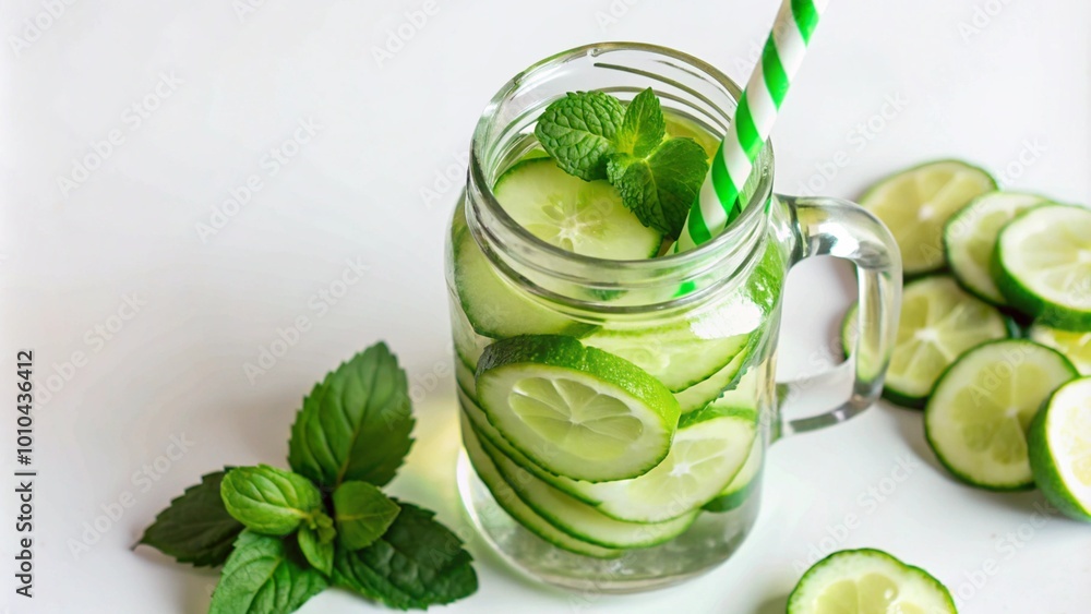 Refreshing cucumber lime water with mint leaves in a mason jar. Refreshing cucumber lime water with mint leaves in a mason jar.
