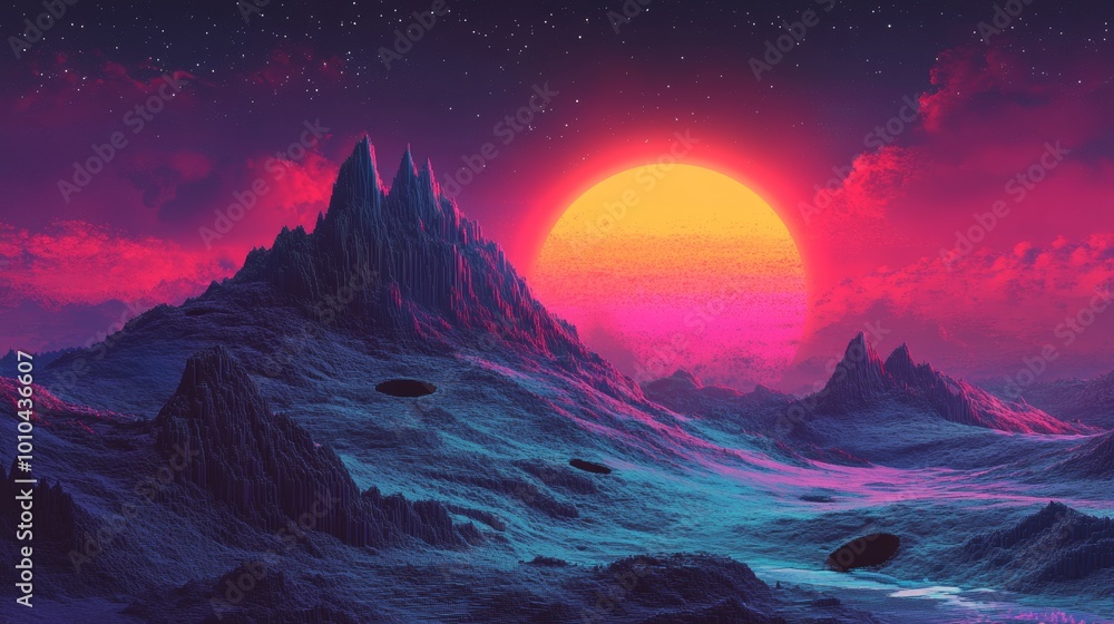 Pixelated mountain top with cave entrances, vibrant geometric shapes, cyberpunk color palette, futuristic style, ample copy space on a digital landscape Pixelated mountain top with cave entrances, vibrant geometric shapes, cyberpunk color palette, futuristic style, ample copy space on a digital landscape