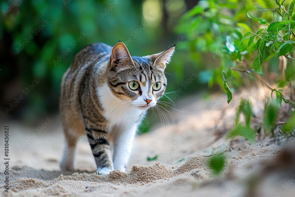 a curious cat walking outside. predator in the garden. a curious cat walking outside. predator in the garden.