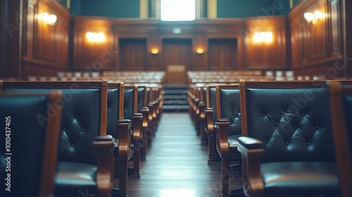 Rows of empty chairs in a silent courtroom, the leather seats gleaming under dim lights. A sense of justice hangs in the stillness photo