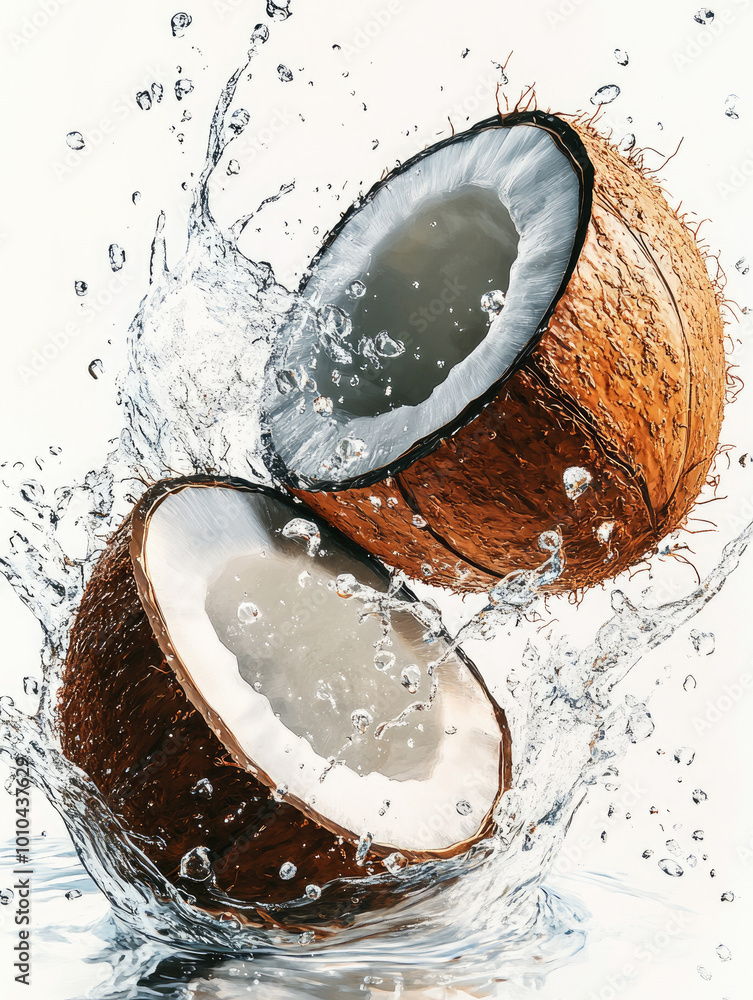 Dynamic splash featuring cracked coconuts in water, showcasing freshness and natural beauty of tropical fruits. Dynamic splash featuring cracked coconuts in water, showcasing freshness and natural beauty of tropical fruits.