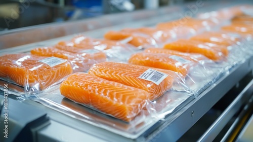 Fresh Salmon Fillets Individually Packaged on a Conveyor Belt photo