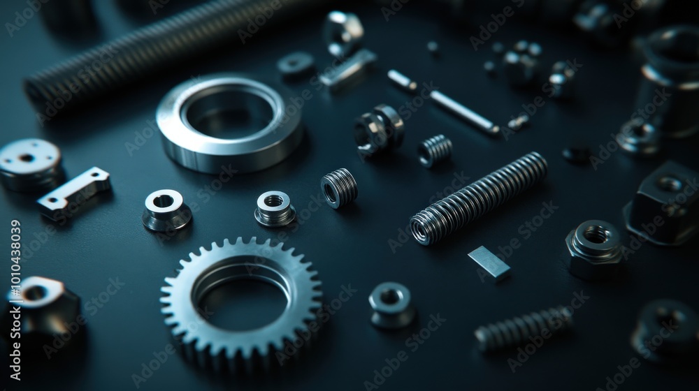 Array of mechanical parts and components precisely arranged on background Array of mechanical parts and components precisely arranged on background